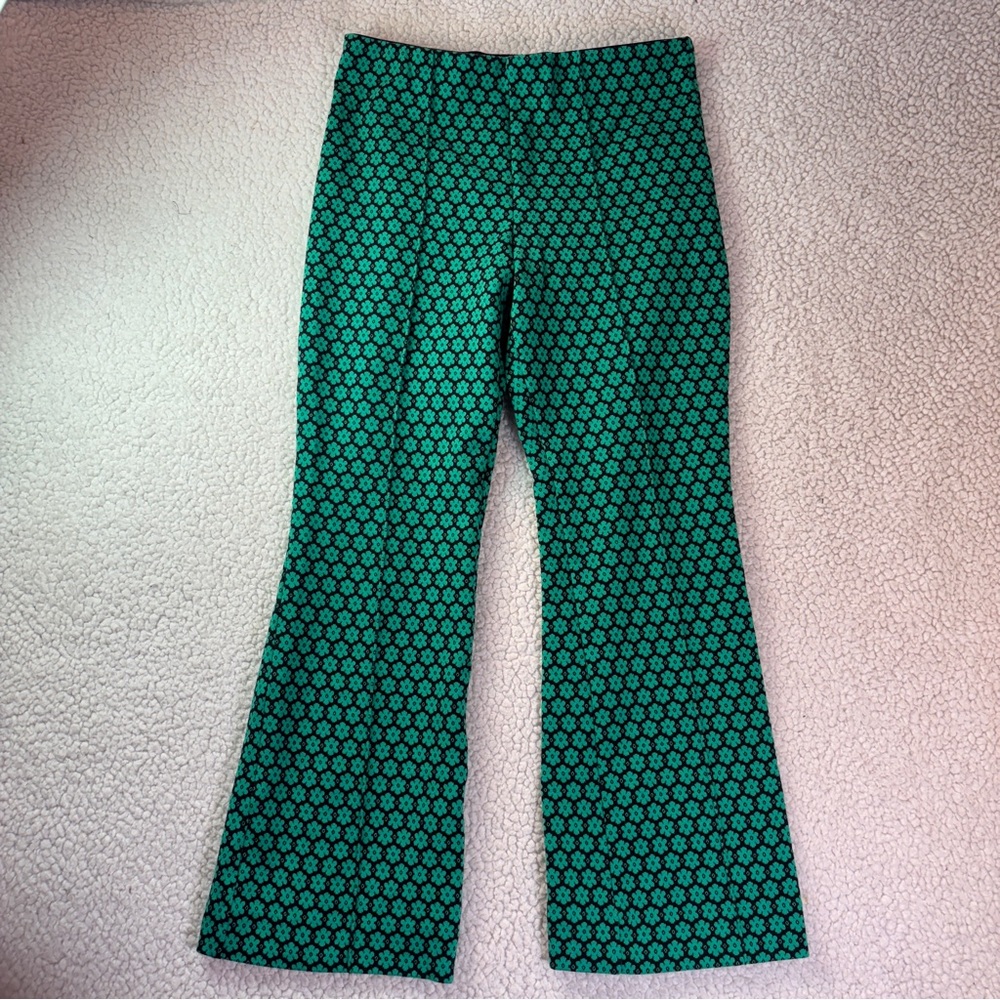 Maeve by Anthropologie The Margot Pants XS Green Floral Jacquard Cropped Flare